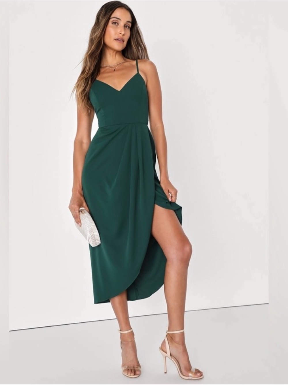 Lulu's Deep Green Spaghetti Strap Midi Dress